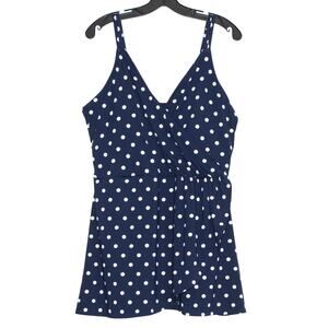 Lands End Plus Size 2X Swim Dress One Piece Swimsuit Polka Dot Navy Blue Retro